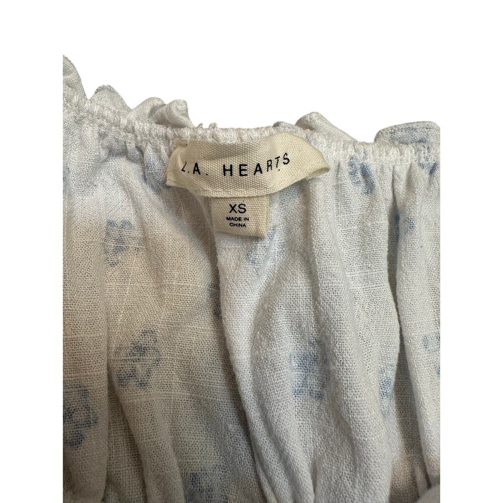 L.A. Hearts Floral Puff Sleeve‎ Corset Crop Top XS White Blue Linen Blend - Picture 9 of 10